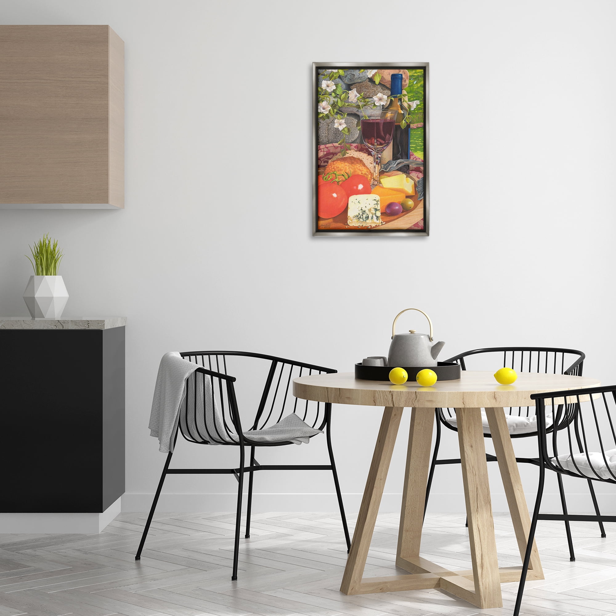 Stupell Industries Wine & Cheese Plate Food & Beverage Painting Gray Floater Framed Art Print Wall Art, 17 x 25