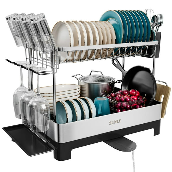 Escurridor de platos SUNLY de acero inoxidable de 2 niveles, grande