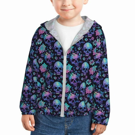 

Ocsxa Flower Blue Skull Print Kids Active Zipper Sun Protection Jacket Boys Girls Hooded Cooling Shirt-3 Years