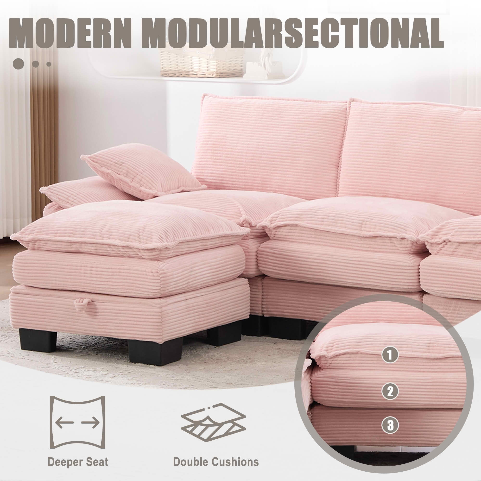 MAYEERTY Ottoman Footstool, Modular Cloud Sofa Footrest with Storage, Soft Corduroy, No Assembly, Pink