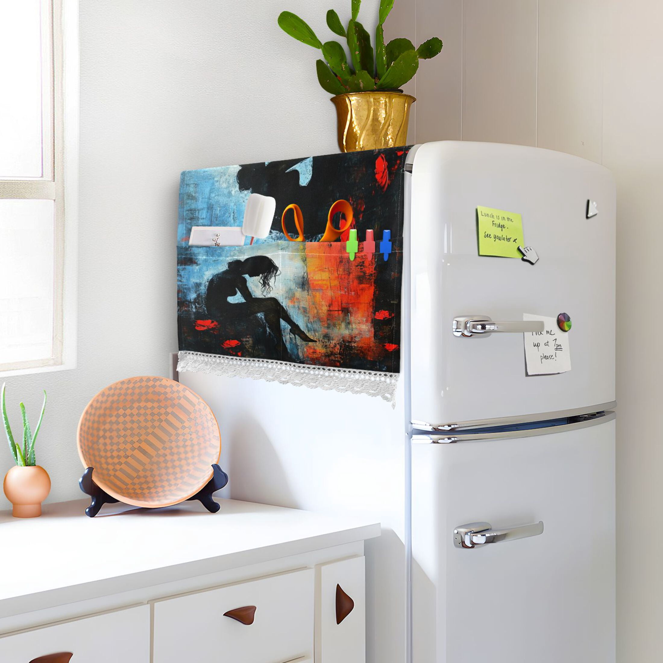 Lonely WomanWasher and Dryer Covers Dust-Proof and Oil Resistant Fridge Cover with 4 Storage Pockets Washing Machine Top Cover for Laundry Kitchen Home 51.2 x 22 In