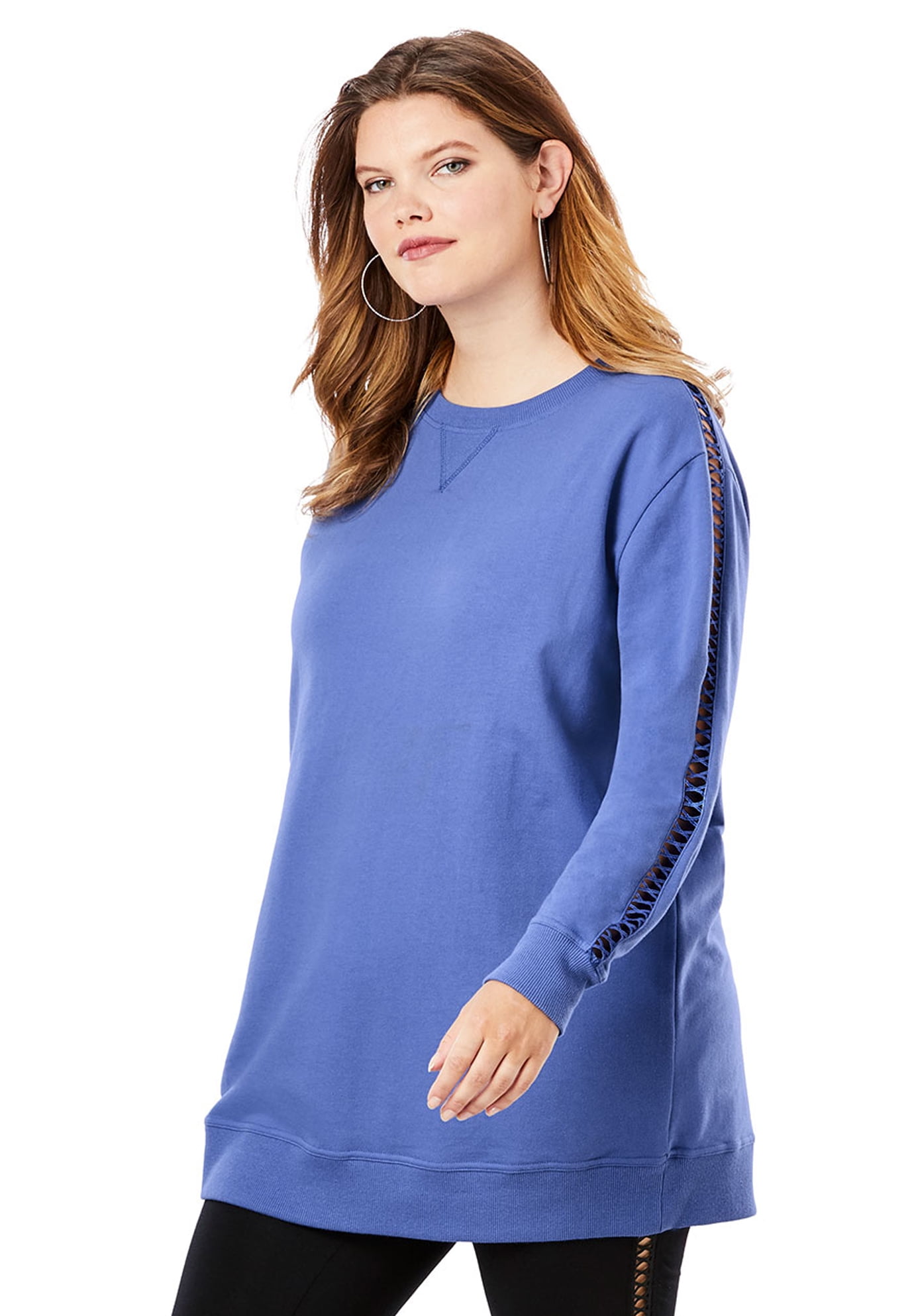 Roaman's Roaman's Women's Plus Size Crochet Sleeve Sweatshirt Tunic