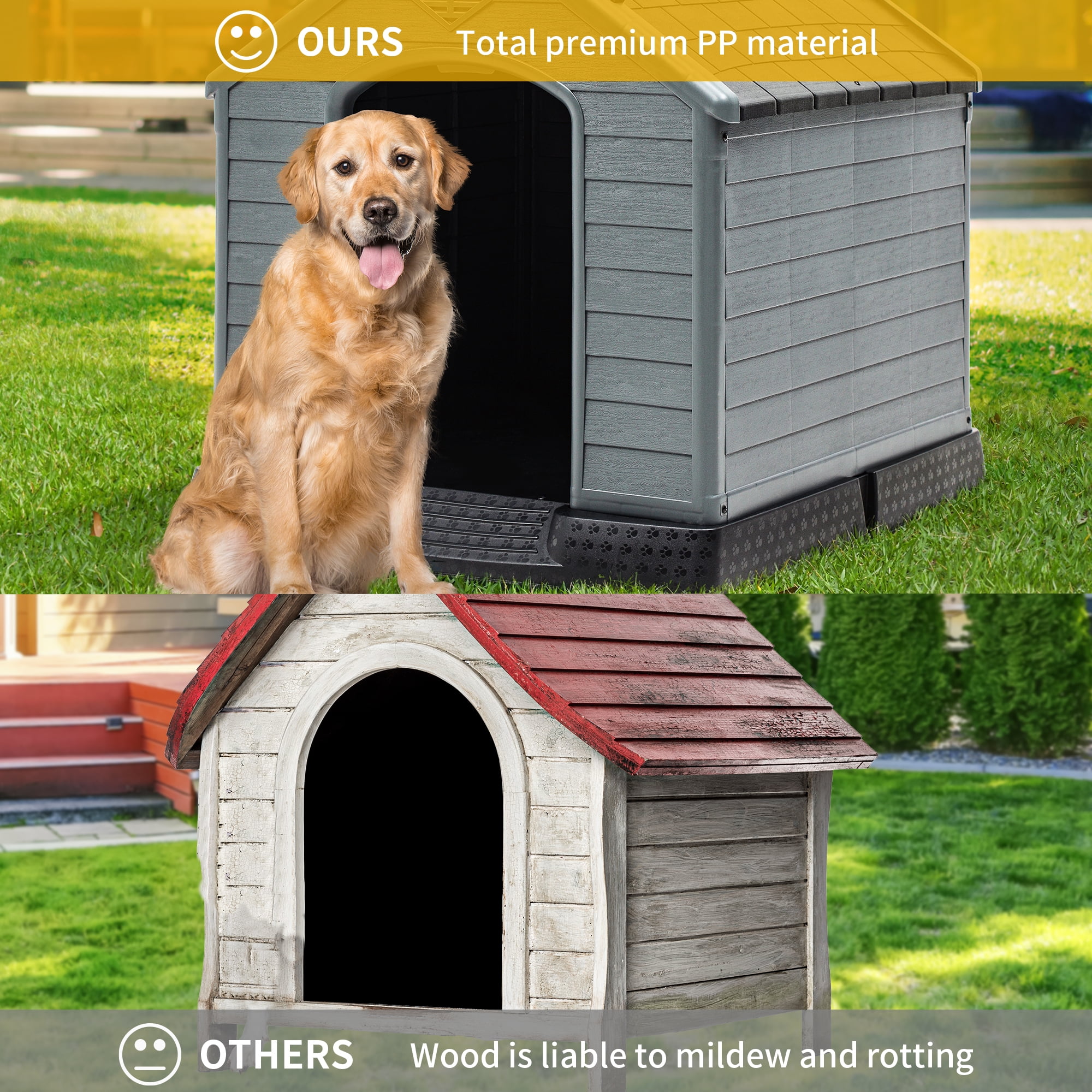 Dextrus 41" Weatherproof Plastic Dog House for Small to Large Dogs, Elevated Floor, Ventilated, Black & Grey