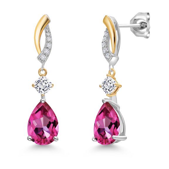 Gem Stone King 925 Silver and 10K Yellow Gold Pure Pink Mystic Topaz and White Moissanite and White Lab Grown Diamond Earrings for Women | 5.19 Cttw | Gemstone November Birthstone | Pear Shape 10X7MM
