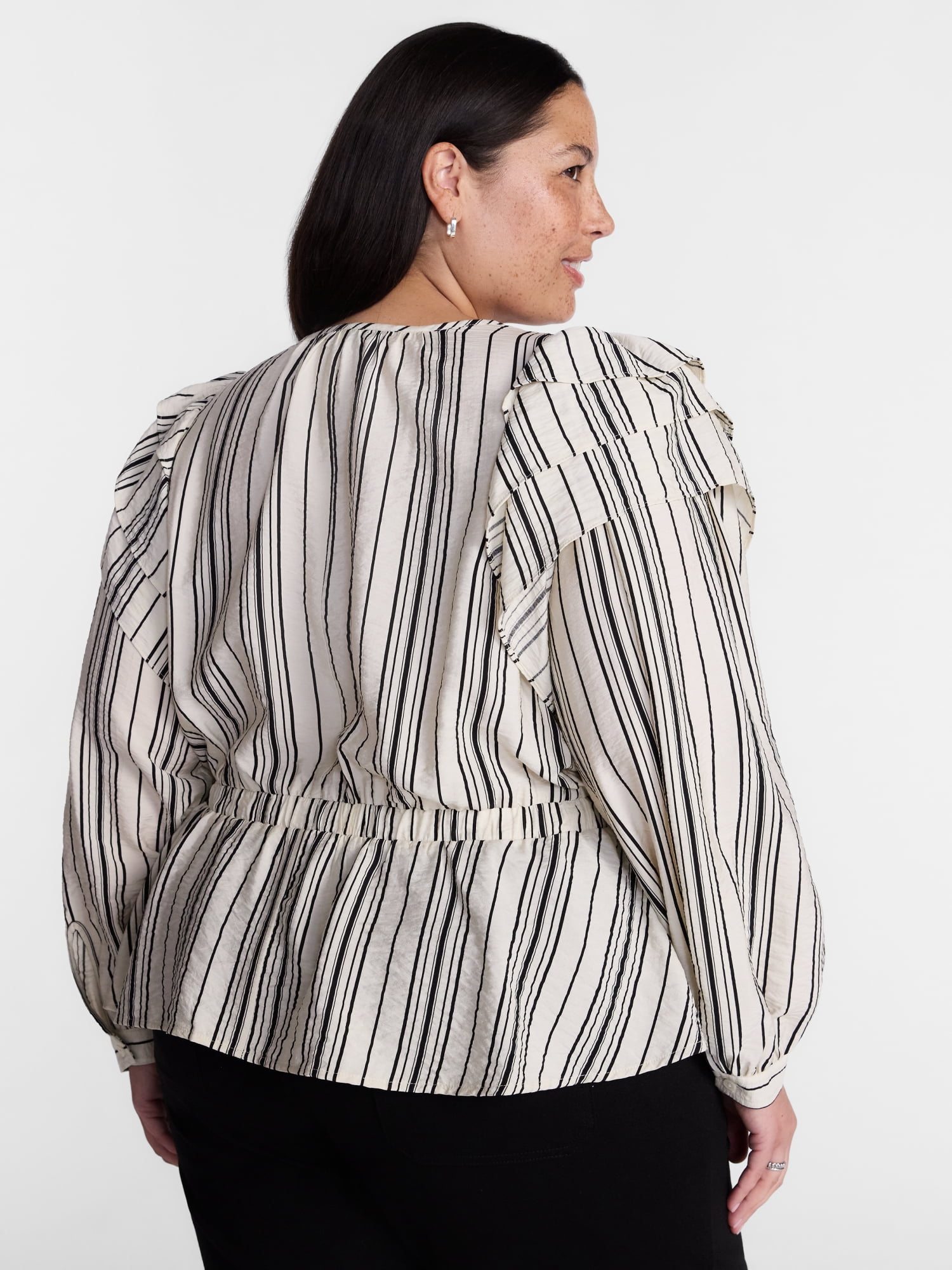 Terra & Sky Ruffled Shoulder Tie Waist Top with Long Puff Sleeves, Sizes 0X-5X