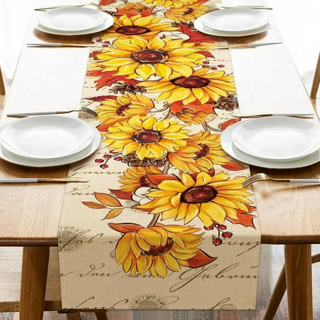 

Fall Sunflower Table Runner 13x90 Inches Autumn Flower Maple Leaves Kitchen Dining Decor Seasonal Burlap Home Decoration for Indoor/Outdoor Party Supply