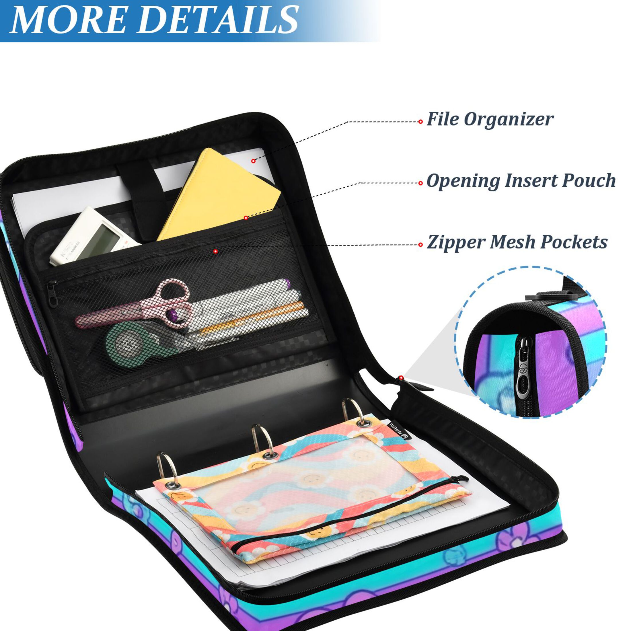 3 Ring Zipper Binder with Shoulder Strap Waterproof Trapper Keeper 2 Inch D-Ring 500 Sheets Capacity Blue Pink Stripes with Flowers