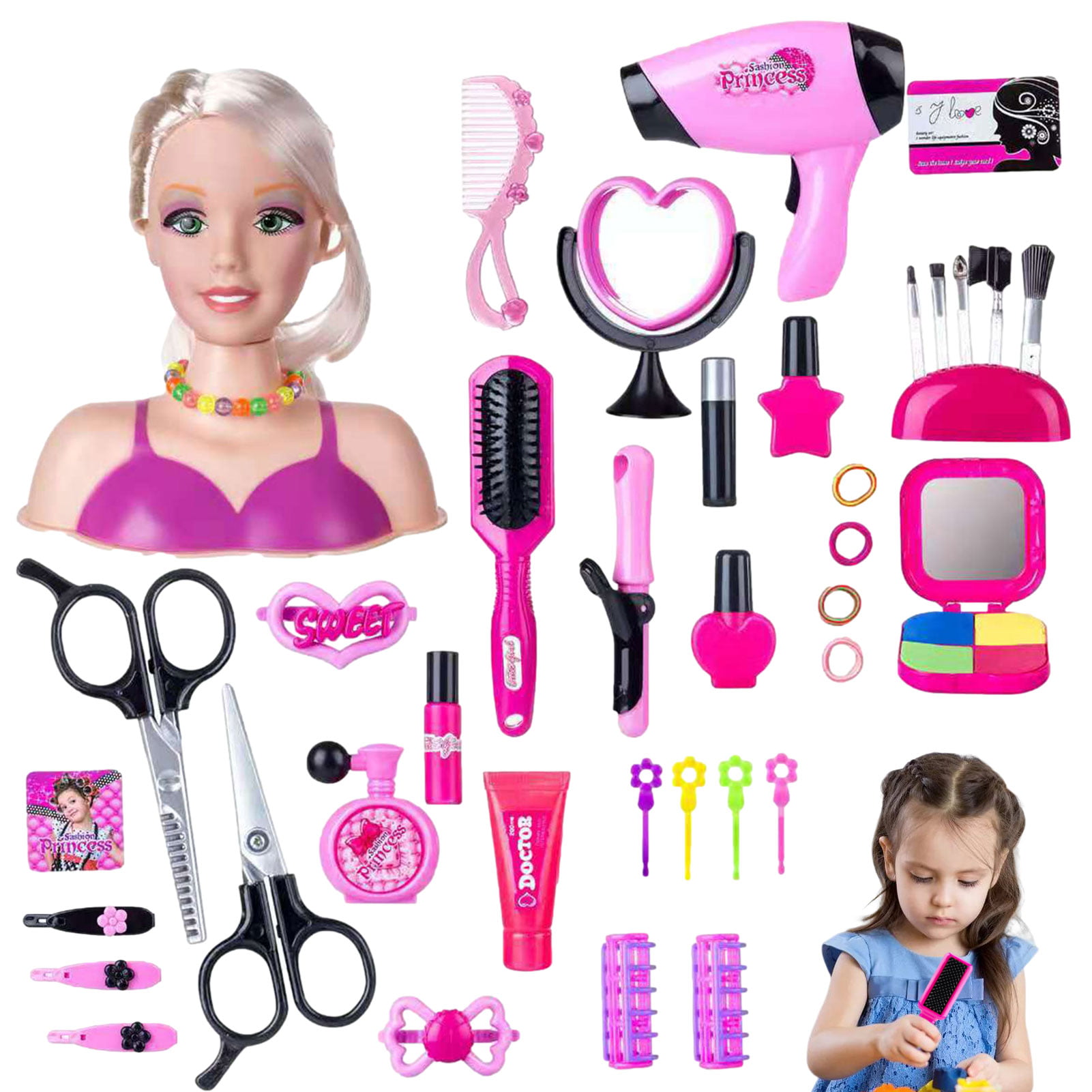 Styling Doll | Cosmetic Hair Doll With Hair Dryer | Makeup Doll Children  Make Up Pretend Toy Doll Accessories Modelling Head Doll Makeup Brush Comb  Dressing Case 