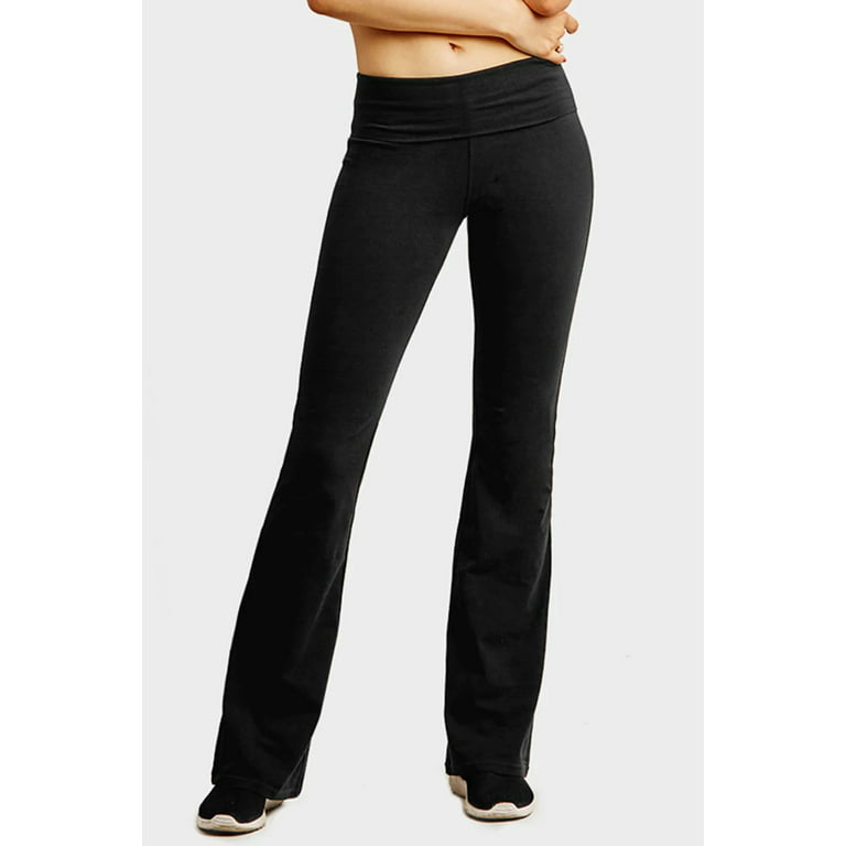 Gilbins Womens Fold Over Waistband Stretchy Cotton Blend Yoga Pants with A  Wide Flare Leg 2 Pack
