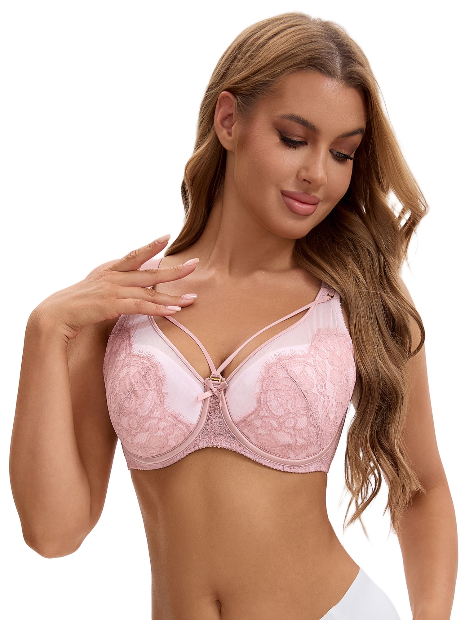 Unique Bargains Women's Lace Mesh Full Coverage Underwire Bras Pink 46 E
