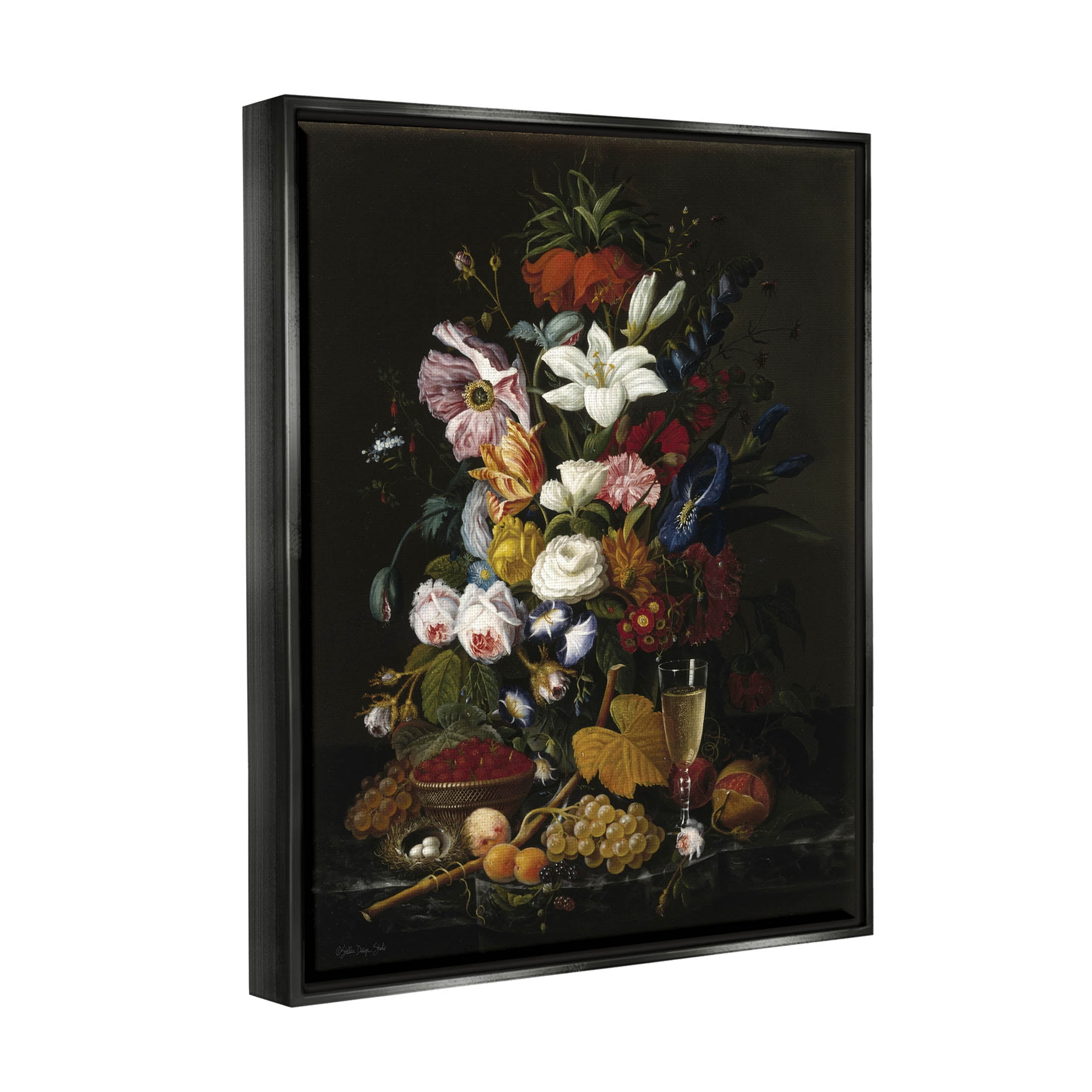 Stupell Industries Traditional Floral Goblet Still Life Painting Jet Black Floating Framed Canvas Print Wall Art, Design by Stellar Design Studio