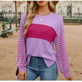 thumbnail image 5 of LEBONYARD Women's Fashion Round Neck Striped Printing Blouse Casual Long Sleeved Solid Color Loose Fit Tops Chic Soft Comfortable Fit Ladies Tops, 5 of 9
