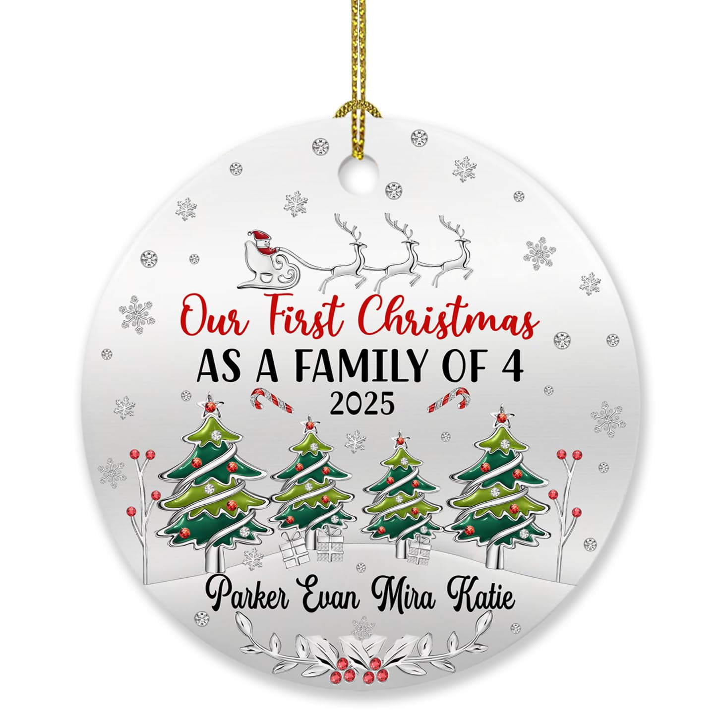 1st Xmas Family of 4 Ornament - Personalized Our First Christmas as a Four 2025 - Tree Gift for Dad Mom Baby - Custom Names Our First Christmas as a Family of 4