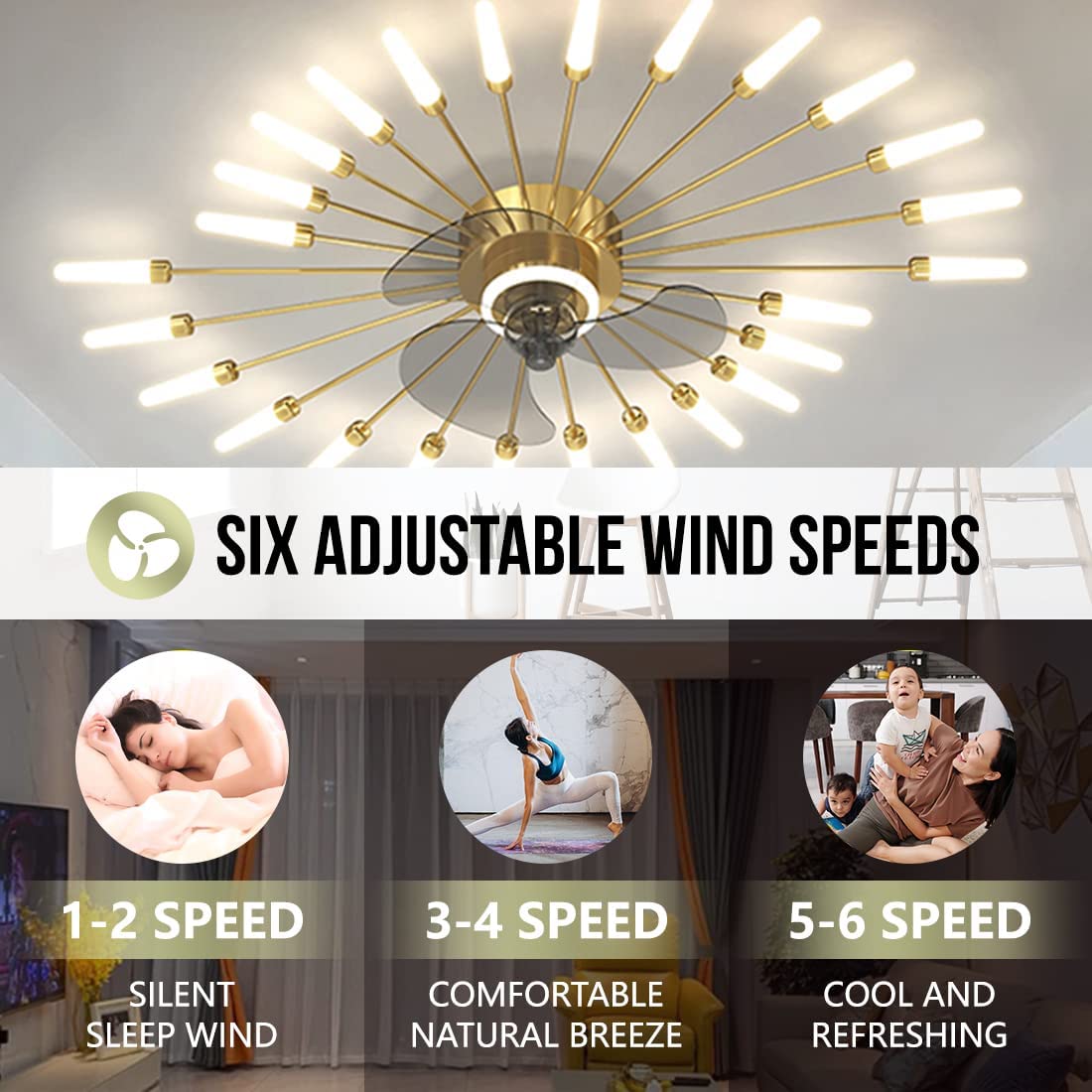 40'' Ceiling Fans with Lights, Low Profile Ceiling Fan with Light and Remote  Control LED Modern Ceiling Fan with 26 Lights for Bedroom,Tri-Color Light  6-Speed Wind- Gold