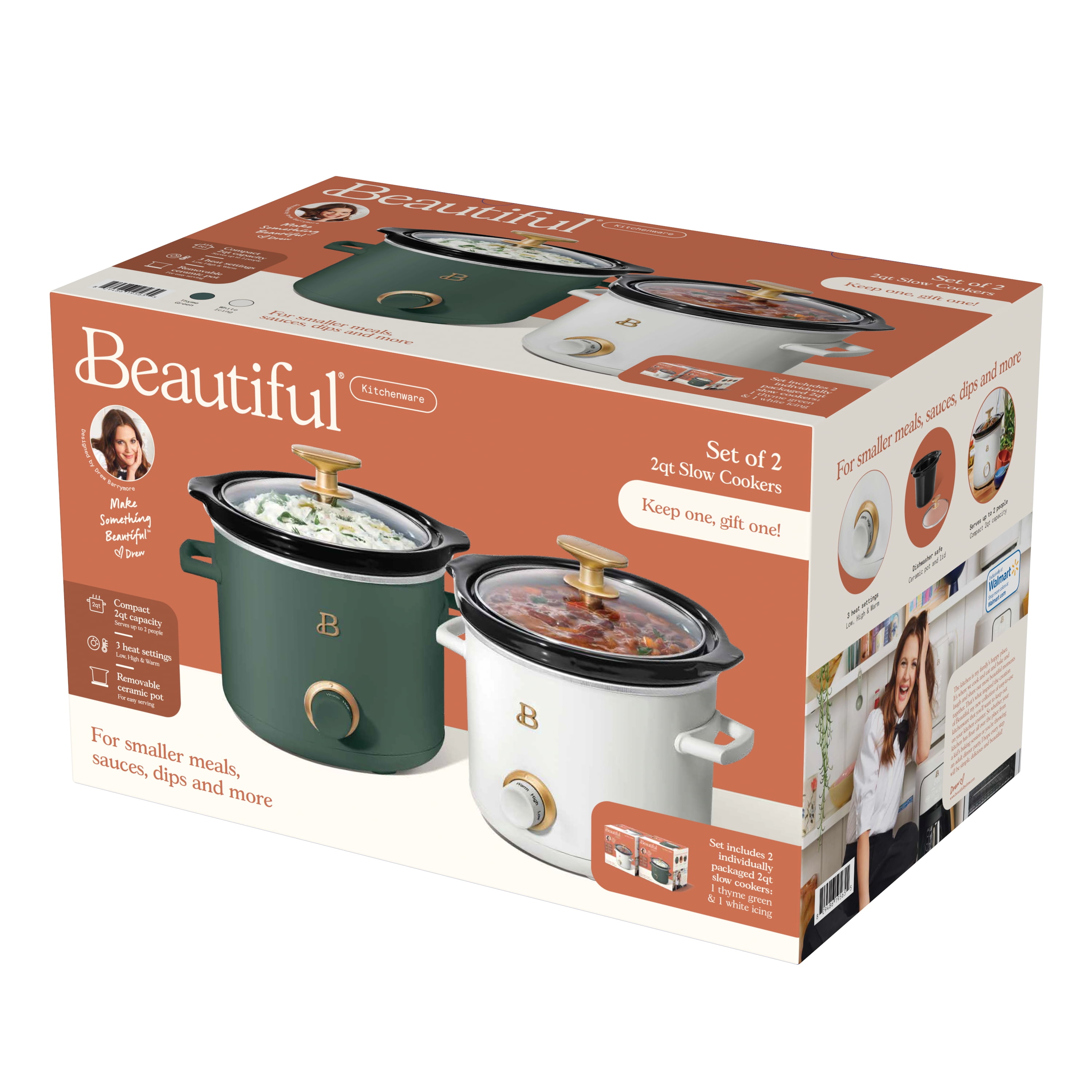 Beautiful 2-Pack 2qt Slow Cooker, Thyme Green, White Icing by Drew Barrymore