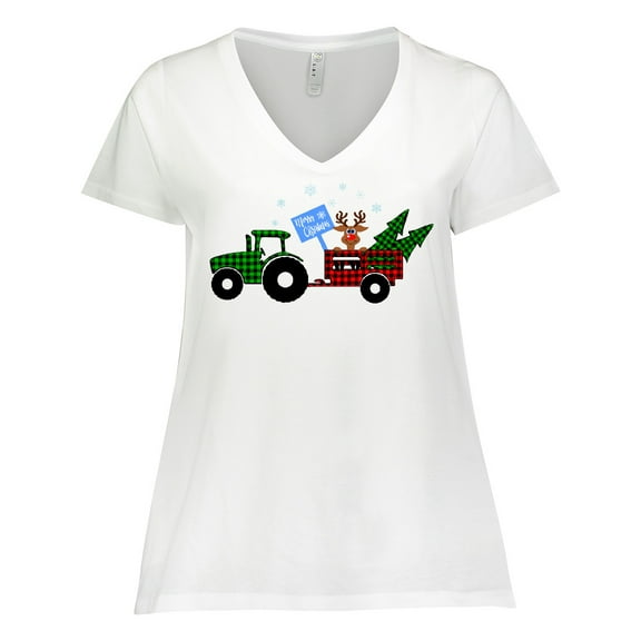 Inktastic Plaid Christmas Tractor With Cute Reindeer Women's Plus Size V-Neck T-Shirt