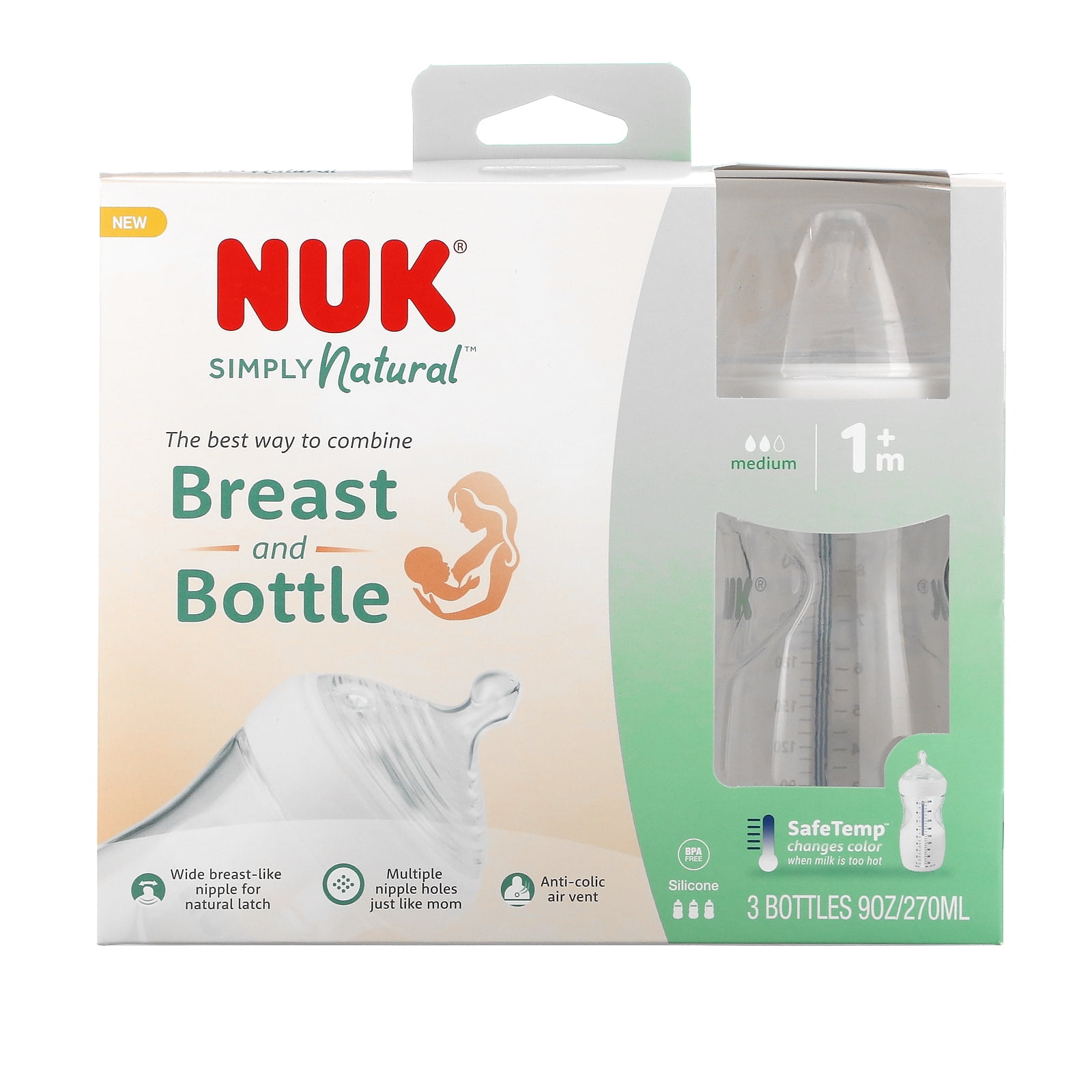 NUK Simply Natural Bottles, 1 Month or Older, Medium Flow, 9 oz, Clear, 3 Count
