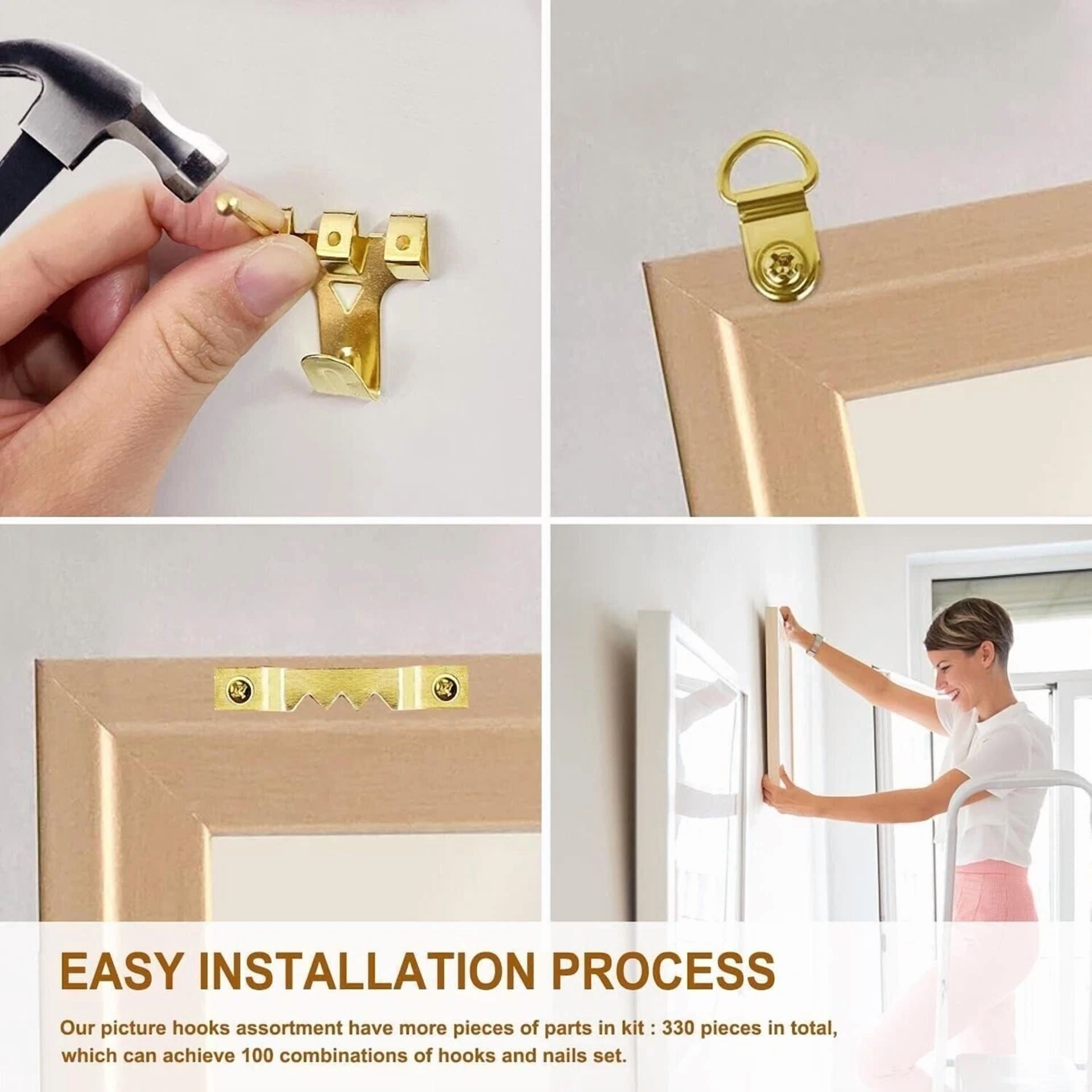 330Pcs Picture Hangers, Picture Hanging Kit, Picture Hanging Hooks Holds 10-75Lb