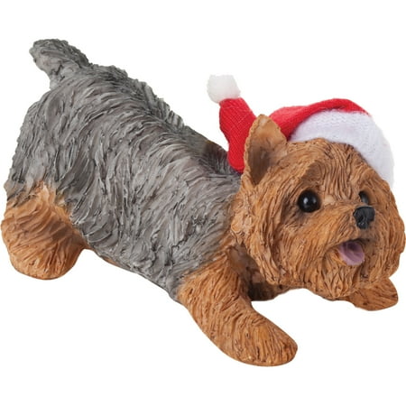 Boston Terrier Dog Ornament - Sandicast Crouching Yorkshire Terrier with Santa's Hat Christmas Dog Ornament