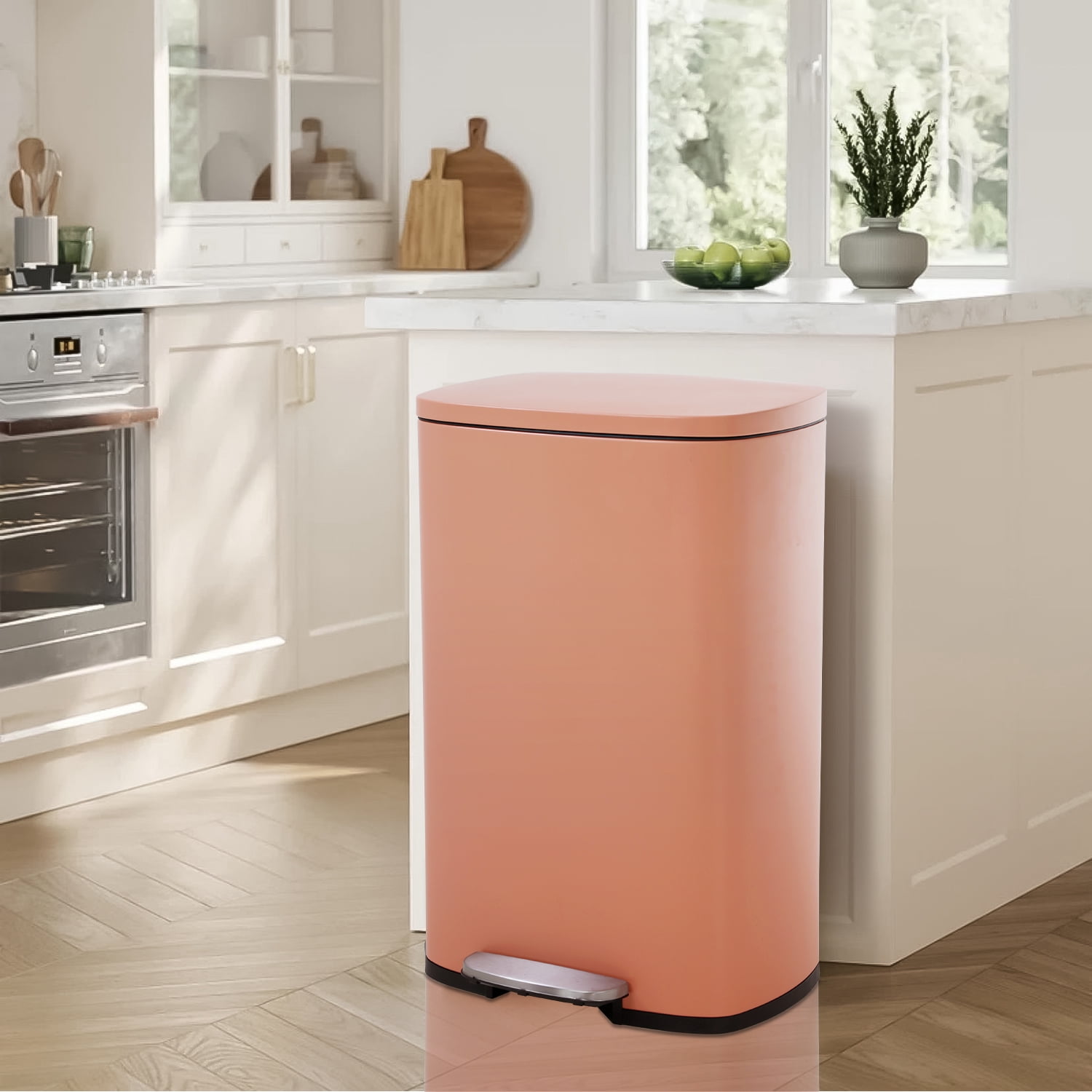 CL.HPAHKL 13 Gallon Step-on Trash Can with Soft-Close Lid, Stainless Steel Kitchen Garbage Can with Foot Pedal and Removable Inner Bucket, Fingerprint-Proof Trash bins for Home Office, Pink