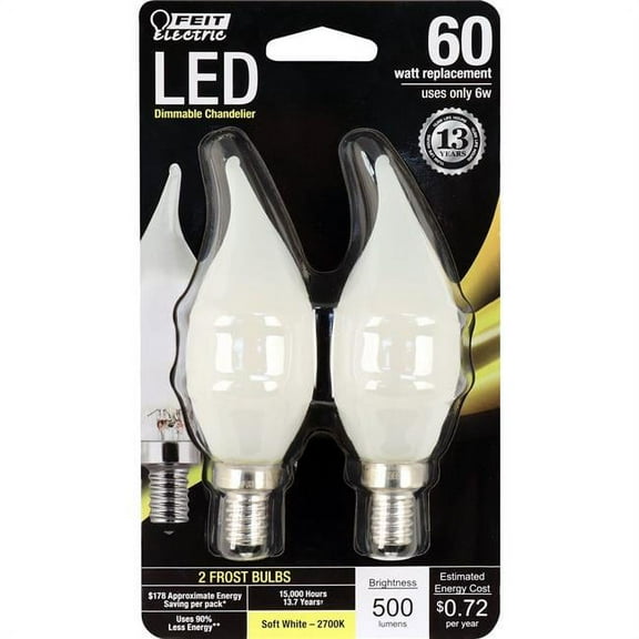 Feit Electric 20909 - BPCFF60/827/LED/2(C1) Candle Tip LED Light Bulb