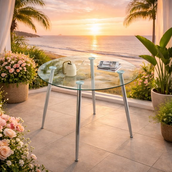 TesNus 38.8" Round Glass Dining Table, Tempered Glass Top with Silver Metal Legs, Modern Kitchen Table for Dining Room Living Room Cafe