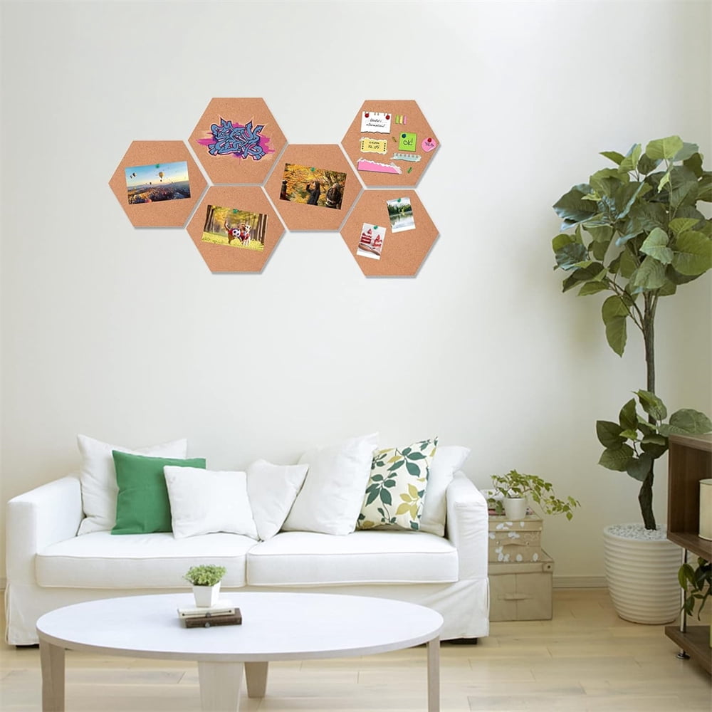 NOGIS Hexagon Cork Board Tiles Self Adhesive 6 Pack - 1/2" Thick Corkboards for Wall 8" x 7" Memo Boards Pin Board Decorative Bulletin Board for Office Home Kitchen - 40 Multi-Color Push Pins