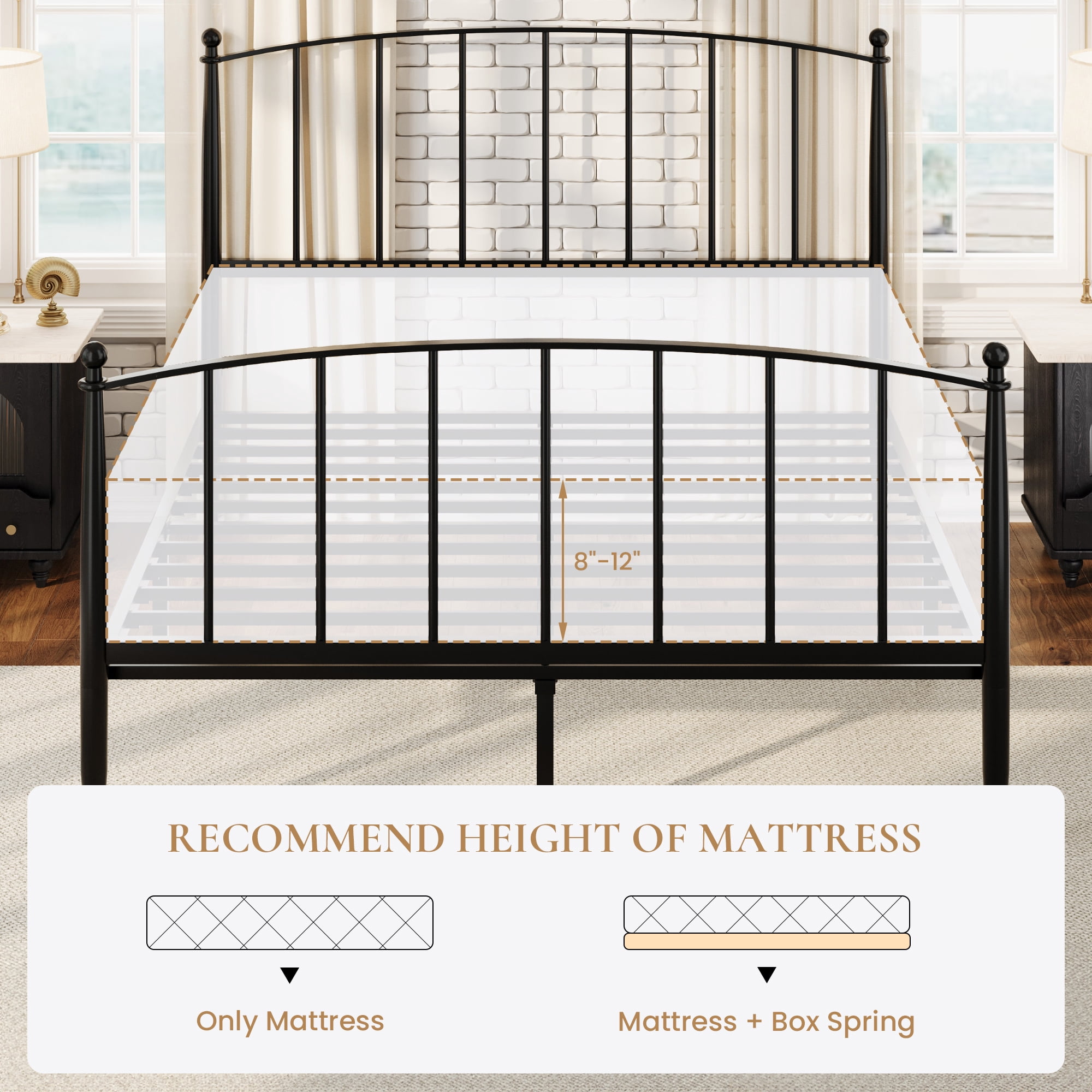 Sha Cerlin Full Size Metal Platform Bed Frame with Victorian Style Iron-Art Headboard and Footboard, Black