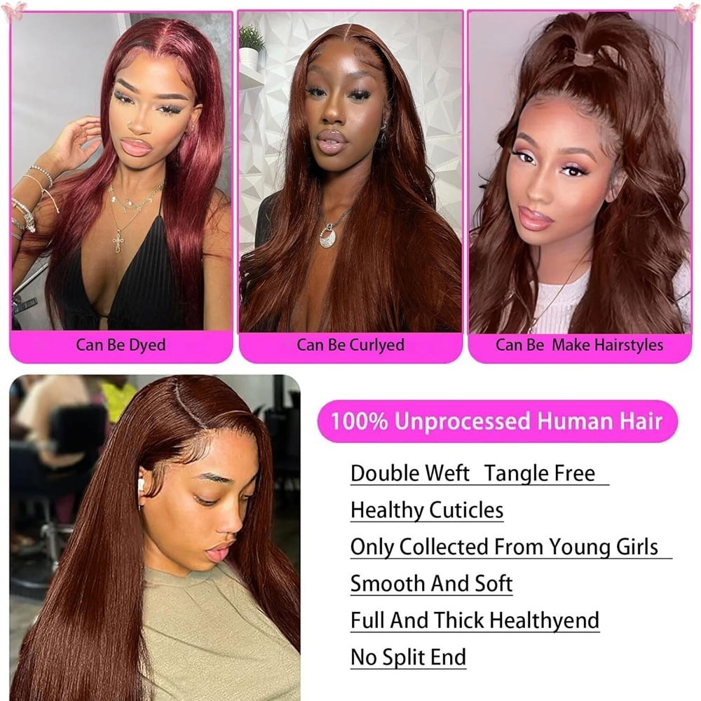 Straight Bundles with Frontal 18-30 Inch Brazilian Human Hair 3 Bundles with 13x4 Lace Frontal #4 Brown Straight Remy Hair Extensions