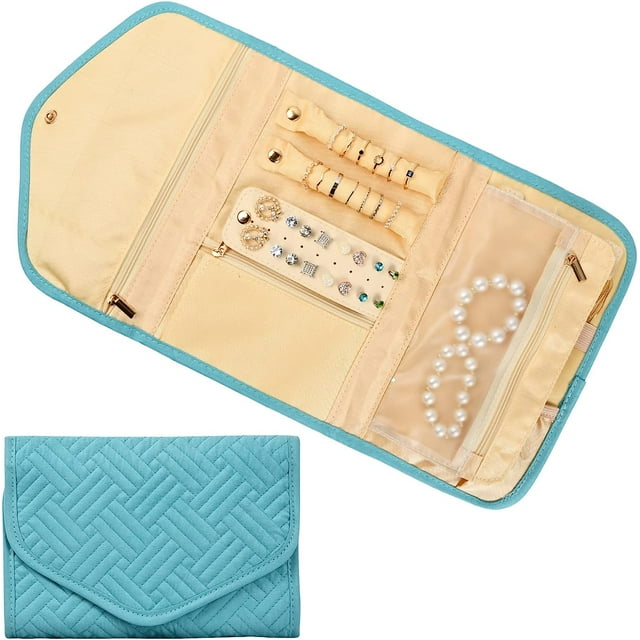 (Verde) Estuche de viaje, bolsa enrollable para joyas, organizador de joyas, bolsa de viaje para joyas, organizador de joyas plegable para pendientes, collares, pulseras, anillos