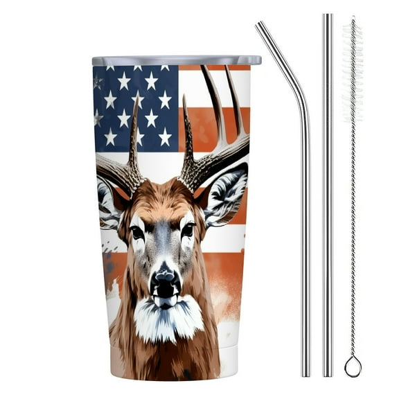 JRXY  20oz Skinny Tumbler Deer Head With American Flag (Pole Design) - Stainless Steel Double Wall Insulated Cup With Lid And Straw 20oz