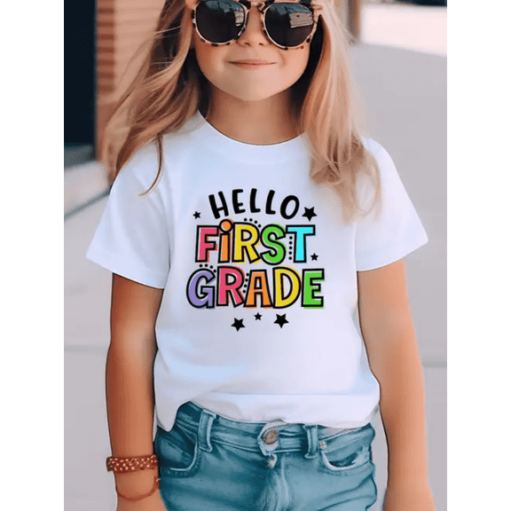 MAWOTEA Summer T-shirt for Girls,Short Sleeve T-Shirt, Cotton Fun Graphic Tee, Machine Washable,Boys Clothes For All Seaon,White