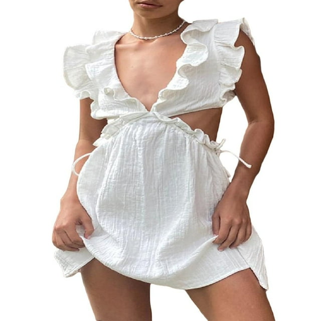 Women Flying Sleeve Dress with Solid Color Hollow Ruffle Adjustable Straps Summer Clothing