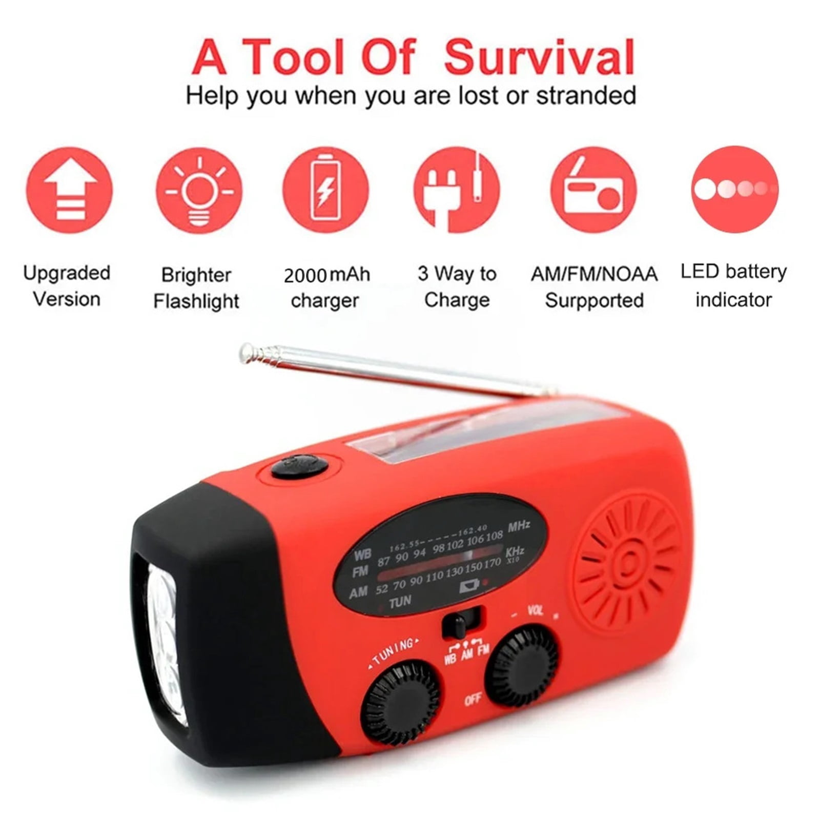 2000mAh Multifunctional Portable Solar Hand Crank Radio FM AM WB Weather Radio USB Charging Emergency LED Flashlight Power Bank
