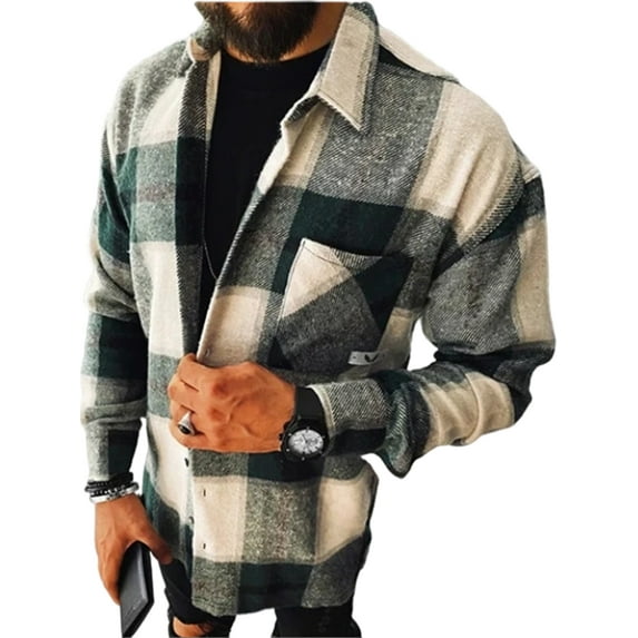 Capreze With Pocket Tunic Shirt Plaid Tops Men Slim Fit Button Down Blouse Vacation Long Sleeve Shirts Green XL