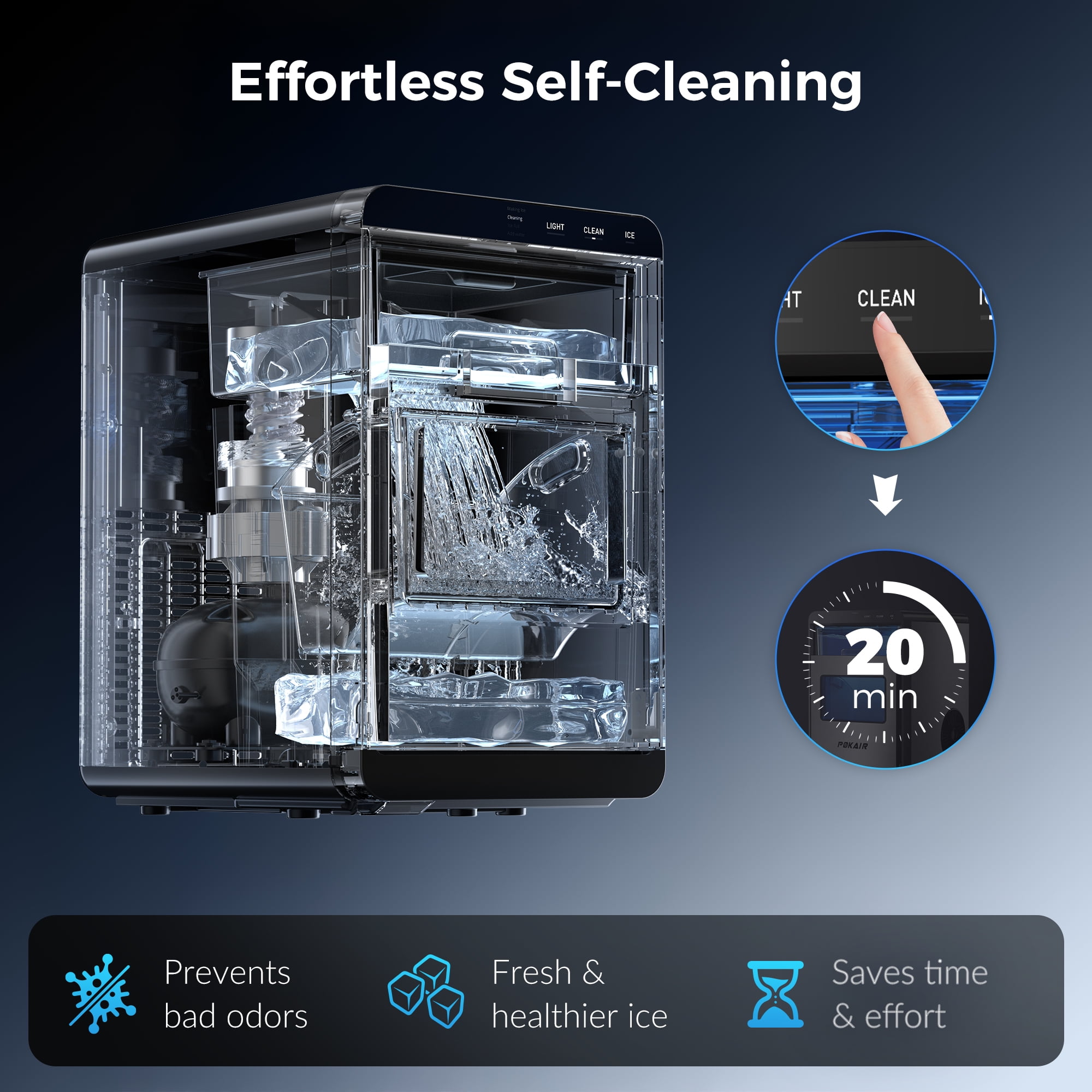 POKAIR Countertop Nugget Ice Maker for Fresh Chewable Ice, 44 lbs/Day Pebble Ice Machine, 9-Min Ice, Self-Cleaning, ETL, Brushed Stainless Steel