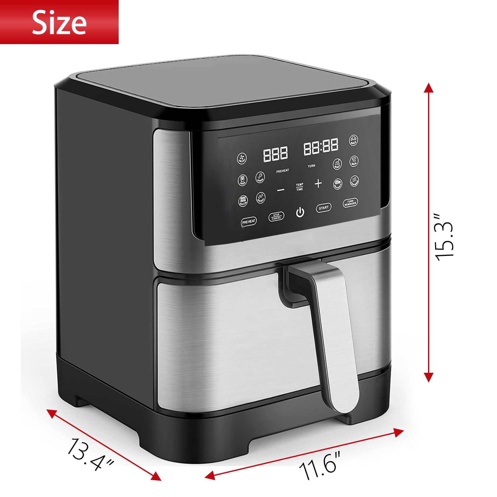 PRIJESSE 8QT Digital Air Fryer, 1500W Electric Air Fryer Toaster Oven Oil Free Multifunction Air Fry with 60 Minute Timer for Baking and 10 Preset Programs, Stainless Steel Accents
