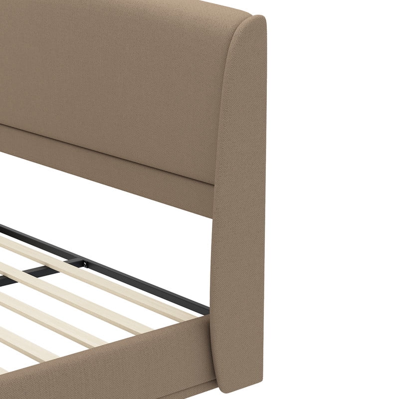 Queen Size Linen Upholstered Bed Frame with Padded High Headboard, Low-Profile Platform Bed with No Box Spring Needed