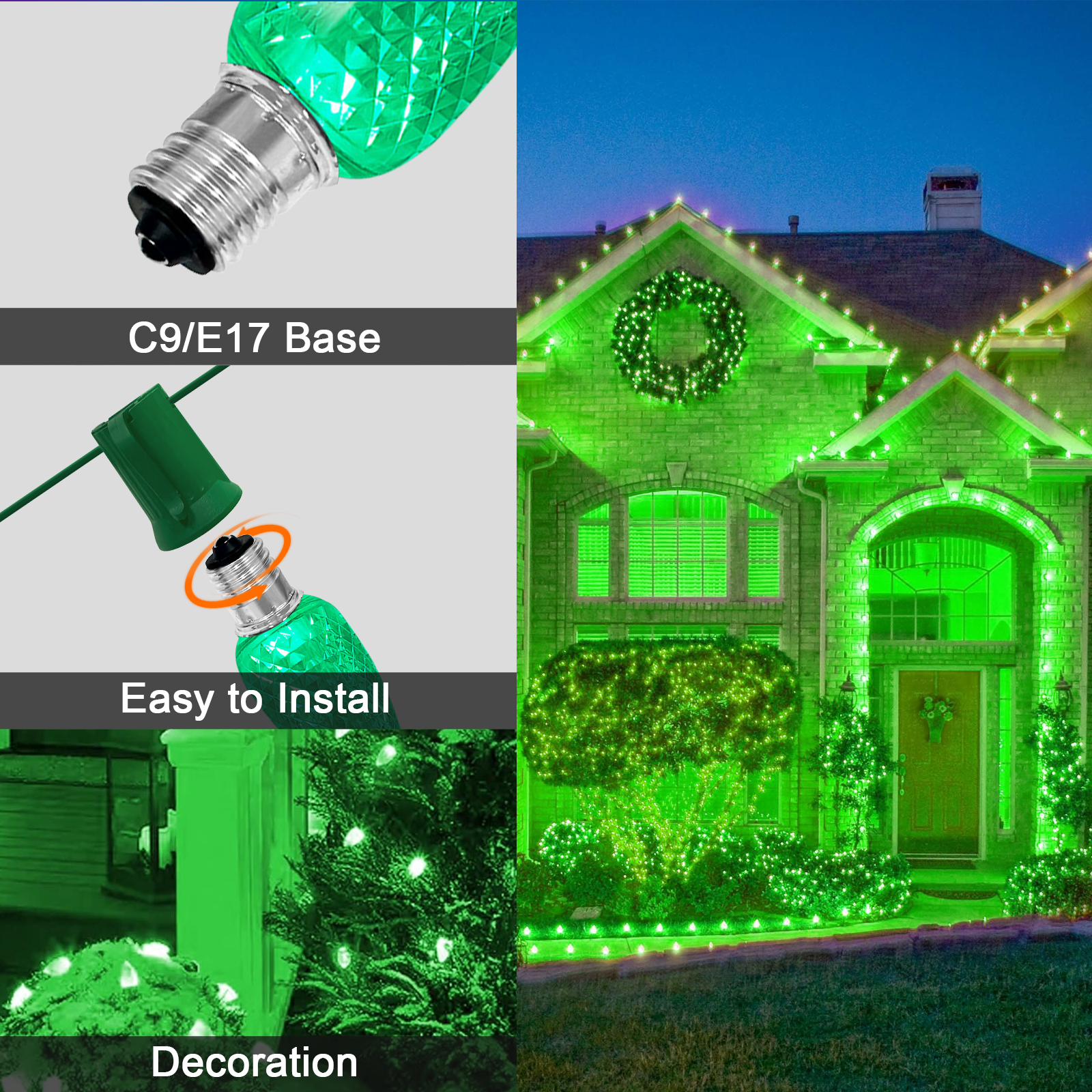 LAMPHOME Green C9 Christmas String Light Outdoor, 25FT Shatterproof LED for House Rooflines & Pathways, Connectable Waterproof Vintage Christmas Light for Tree, Yard, Patio, Porch, Garden