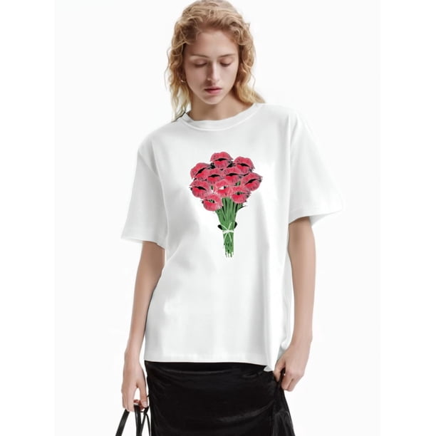 Valentine's Day Flower Print T-Shirt For Men And Women Round Neck Cotton Short Sleeve Sports T-Shirt For All Seasons