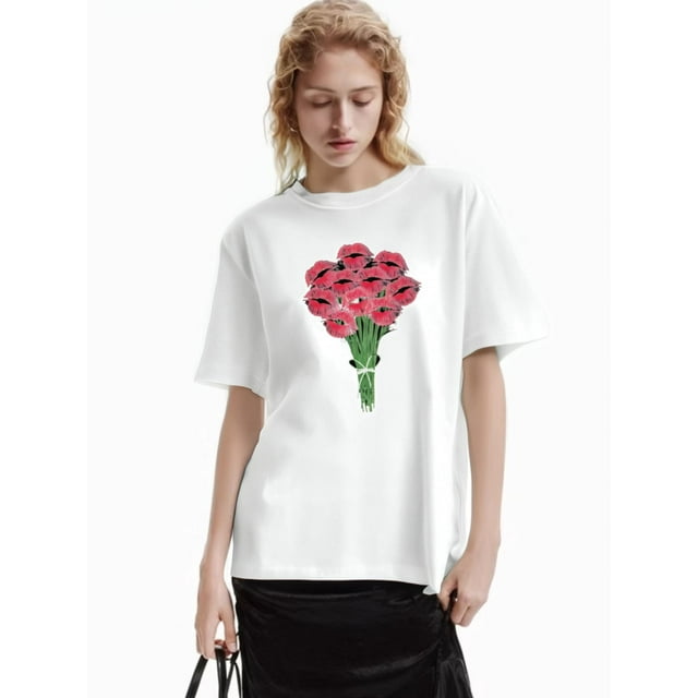 Valentine's Day Flower Print T-Shirt For Men And Women Round Neck Cotton Short Sleeve Sports T-Shirt For All Seasons