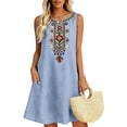 thumbnail image 6 of Summer Dresses Women's Summer Embroidered Boho Dress Casual V Neck Short Sleeve Loose Linen Dress With Pockets Light Blue S, 6 of 9