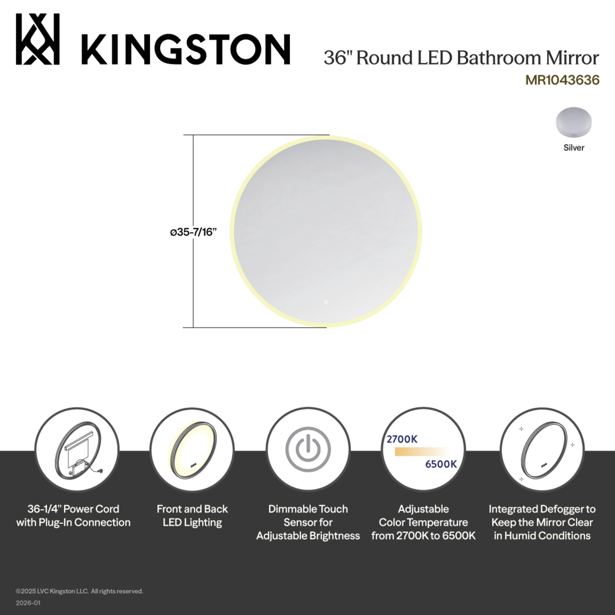 Kingston Brass MR1043636 Aurora 36-Inch Round LED Bathroom Mirror, Front and Back Light, Anti-Fog, Dimmable Touch Sensor Lighted Mirror in Silver