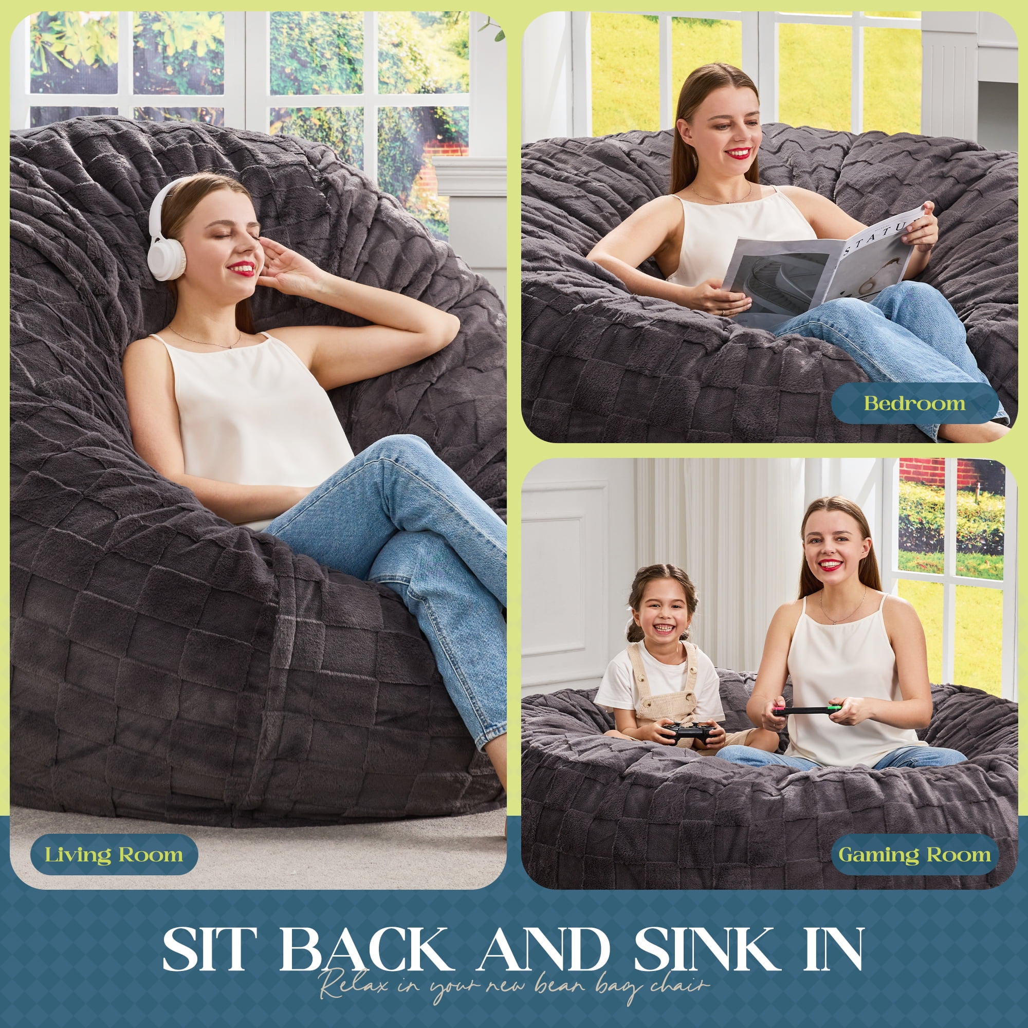 Hobestluk Bean Bag Chairs Beanbag Chair with Filler Adult Bean Bags with Fluffy Cover, Giant Bean Bag Chairs for Adults for Living Room, Bedroom (Dark Grey, 6FT - 70" x 70" x 17")