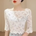 thumbnail image 3 of Quixlent Women Summer Cropped Tops One-word Collar Half Sleeve Blouse See-through Embroidery Lace Pullover Tops, 3 of 7