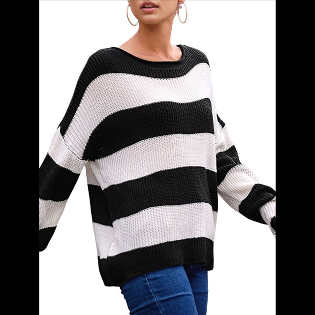 Suéter de Punto A Rayas para Mujer, Cuello Redondo, Otoño-Invierno, Larga, Bloque de Color Negro M