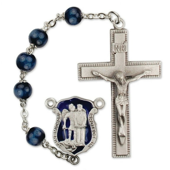 Men's St. Michael Large Blue Catholic Rosary Beads, Wood beads