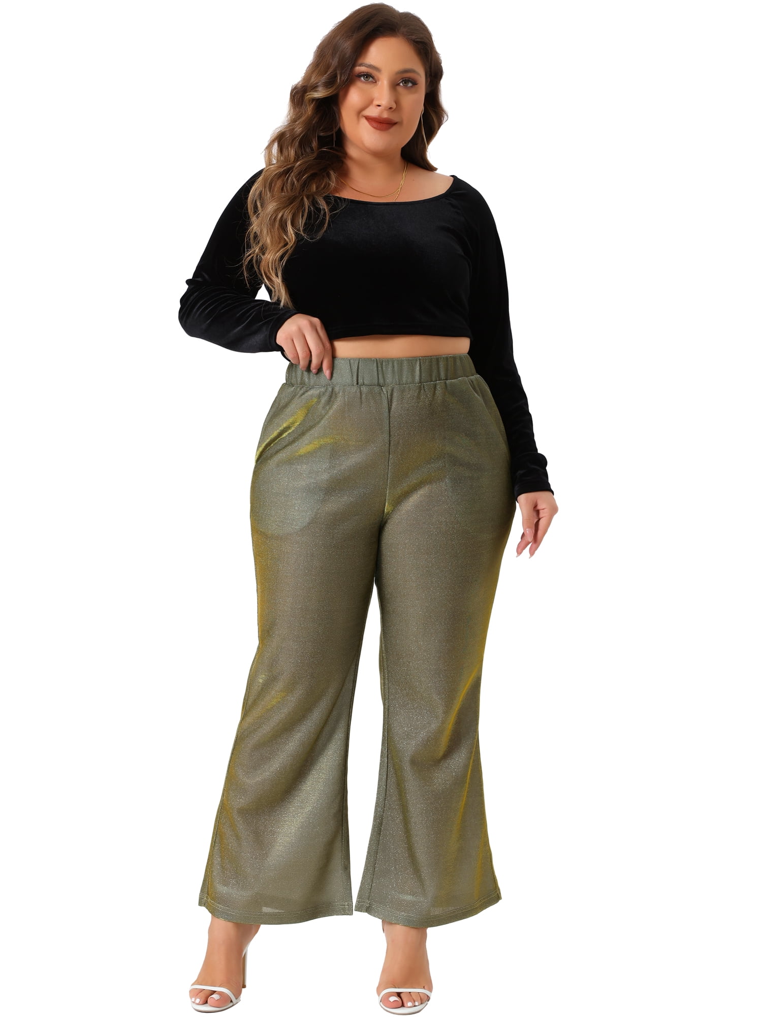 DARING DIVA Women's Plus Metallic Sparkly High Waist Wide Leg Pants 3X Gold