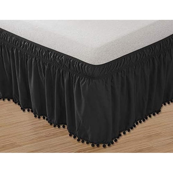 Top-Knot Tassle Pompom Fringe Ruffle Skirt Around Style Elastic Bed Wrap- Wrinkle Resistant 16 inch Drop, Twin/Full, Black