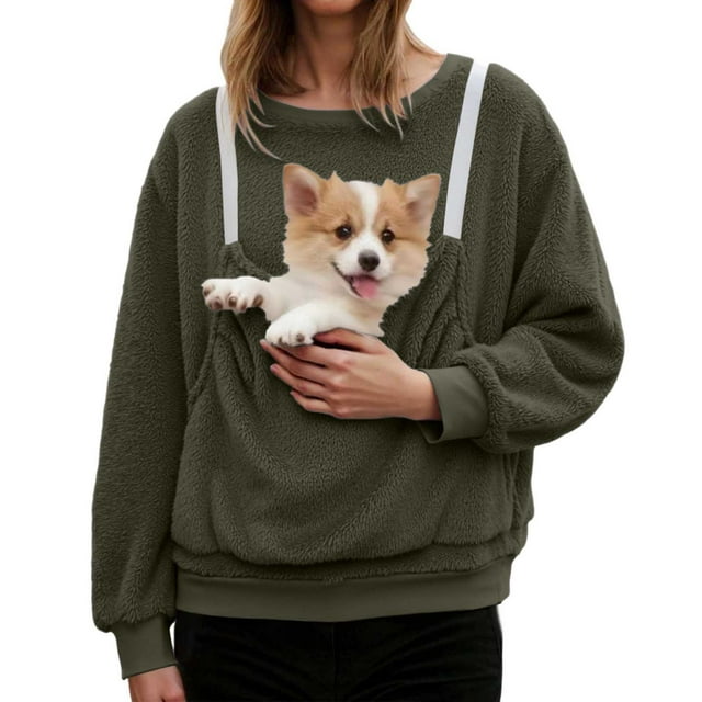 GPOECD Chandails à Col Rond pour Femmes, Décontractés, Couleur Unie, avec Poche, Manches Longues, Chandail Sans Capuche pour Animal de Compagnie, Haut à Enfiler pour Usage Quotidien 01_Army Green,S